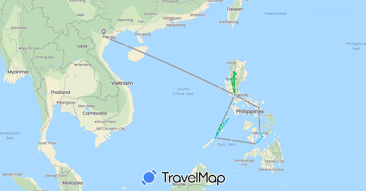 TravelMap itinerary: driving, bus, plane, boat in Philippines, Vietnam (Asia)